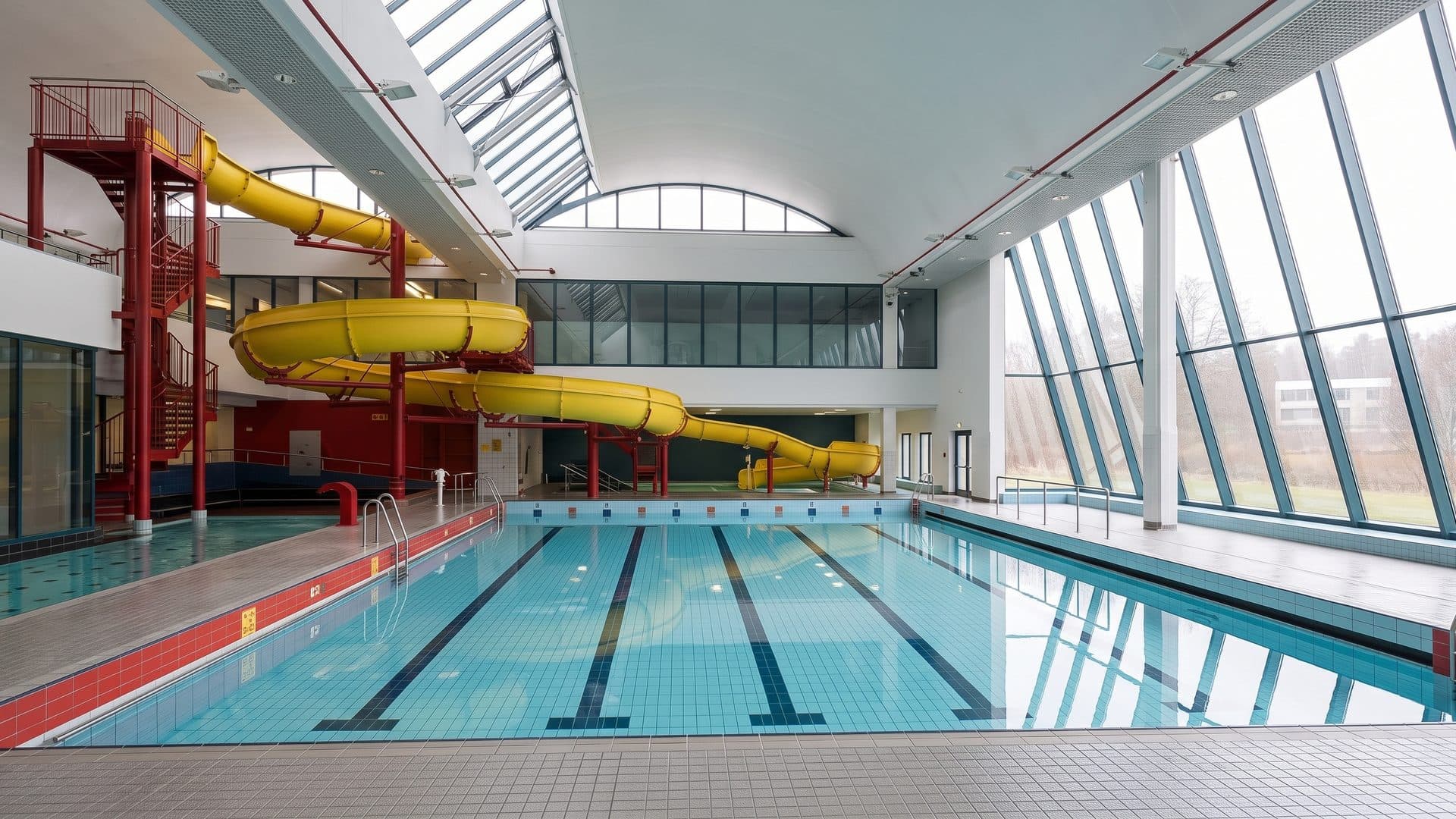 The pool hall of Roiske with its yellow slide and lane markings running to the windows