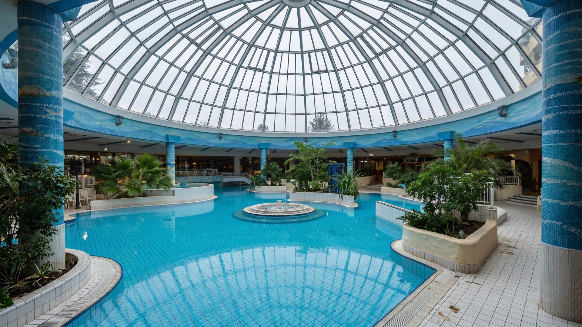 The glazed domed bathing hall of Sachsen-Therme in Leipzig, with planting around the pool.