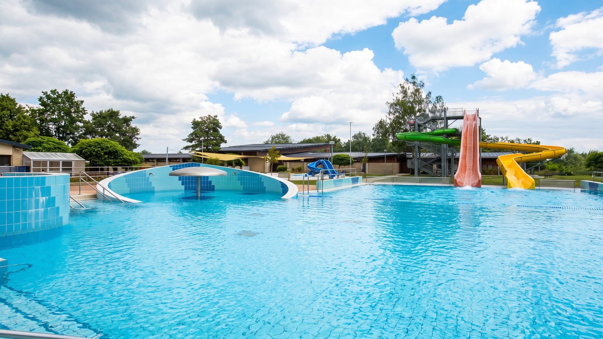 The outdoor pools and waterslides at the Sarkany bath in Nyirbator, set in lawns among trees.