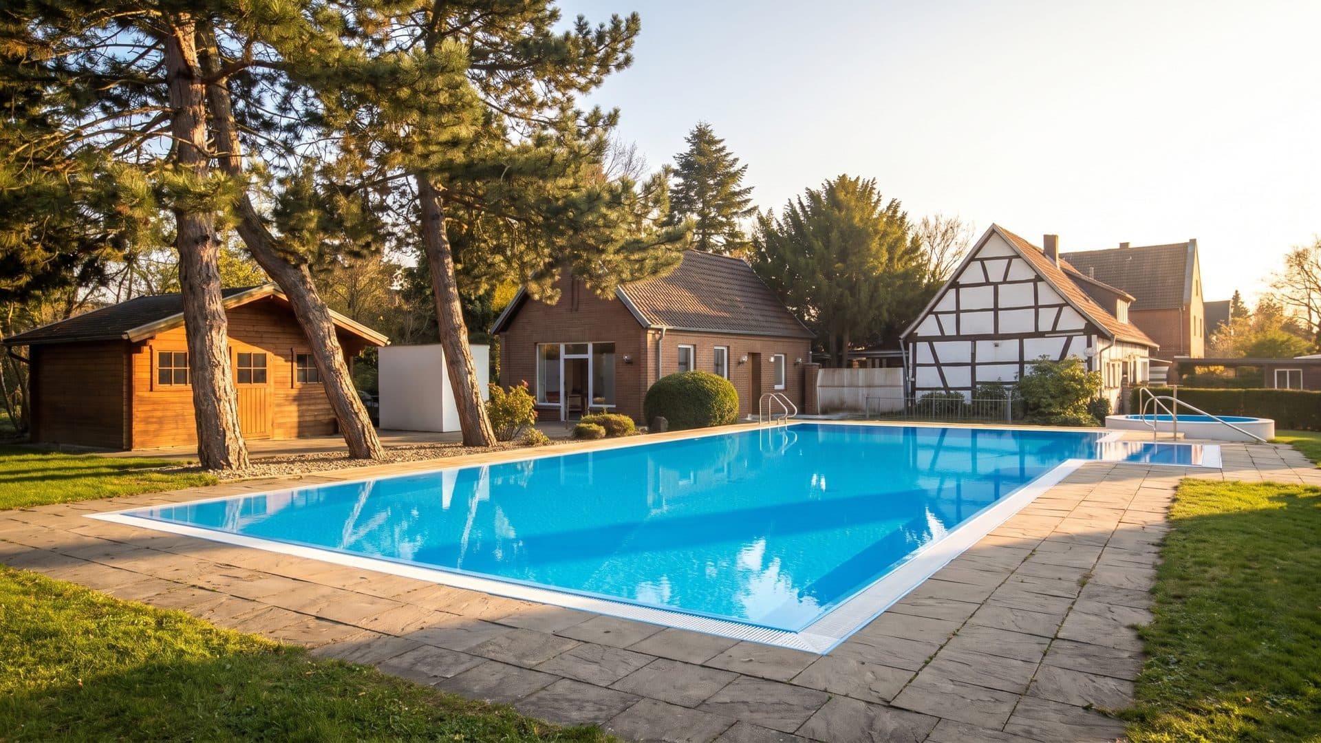 The outdoor pool of the Hof Hahn sauna house between the pines beside the farmhouse