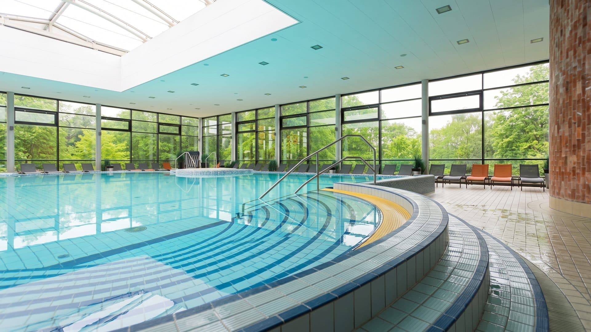 Indoor pool with wide entry steps, a brick column and windows onto the park.