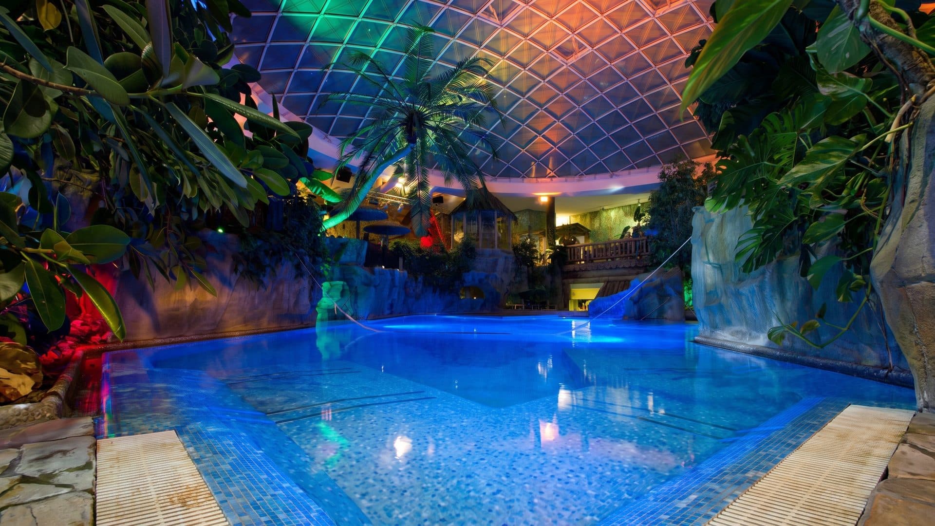The planted lagoon at the Schwabenquellen under its lit glass dome, tropical foliage crowding the water