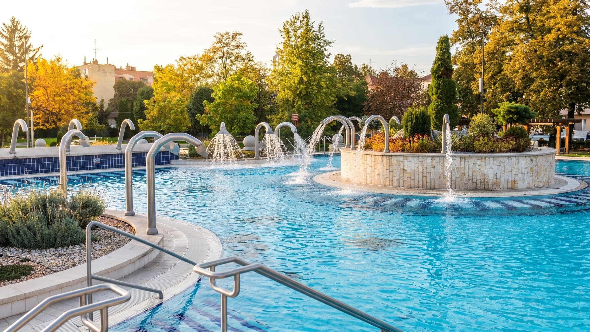 The outdoor pool at the Selyemret lido in Miskolc, an arc of fountain jets falling into the water.