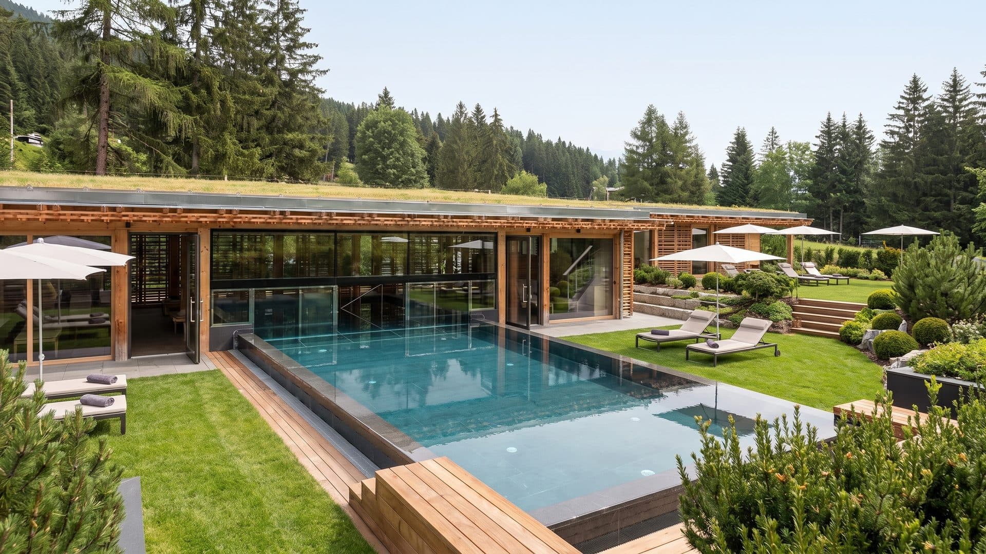 The timber and glass front of the Sensoria Rio baths with the pool in front of it