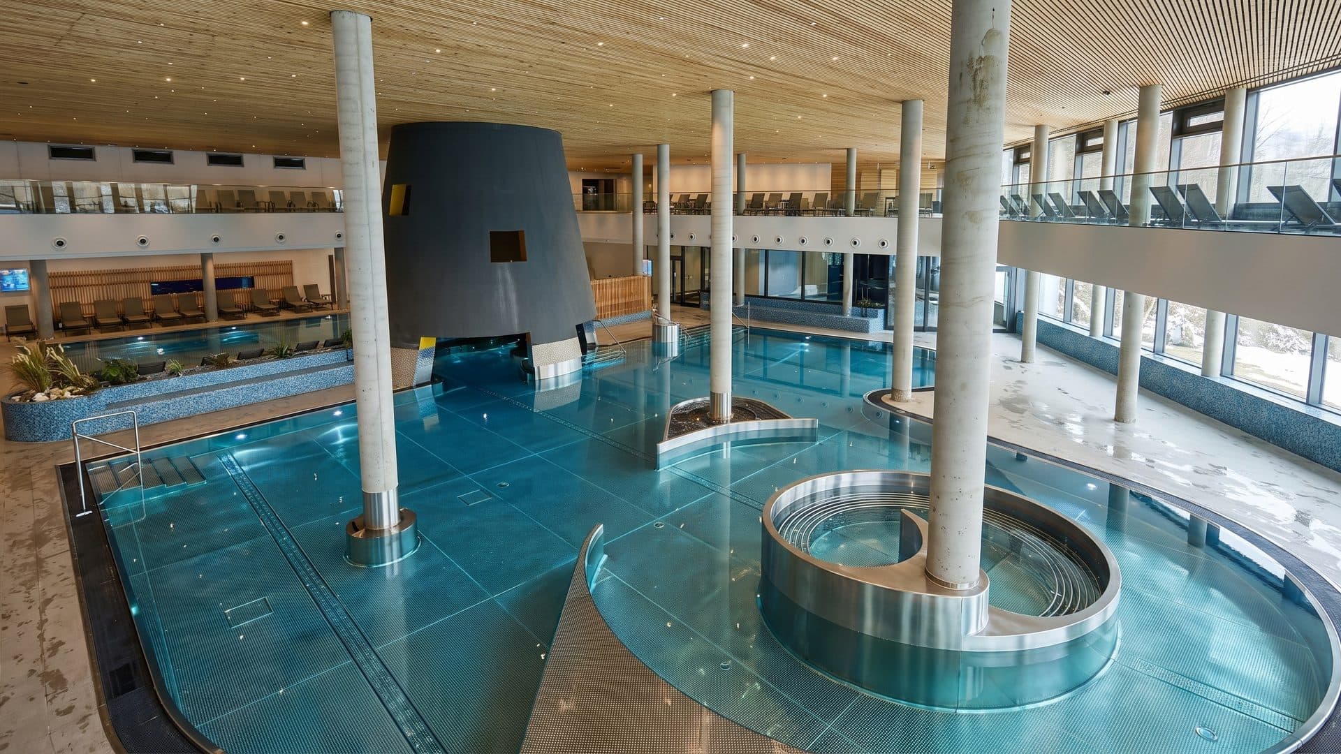 Indoor pool with slim white columns, a round stainless-steel whirlpool and a dark cone-shaped sauna