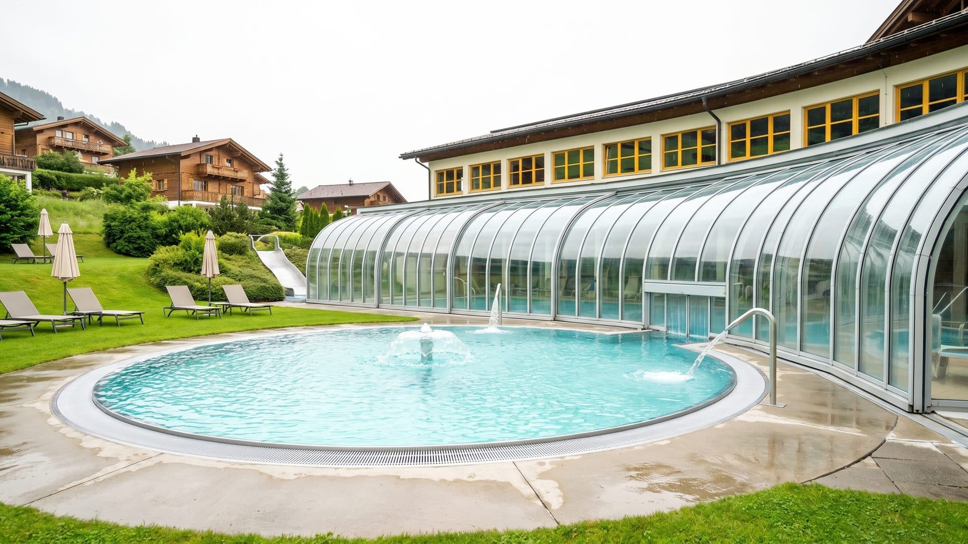 The circular outdoor pool at the Solarbad with its fountains, the glass wind shelters and chalets behind