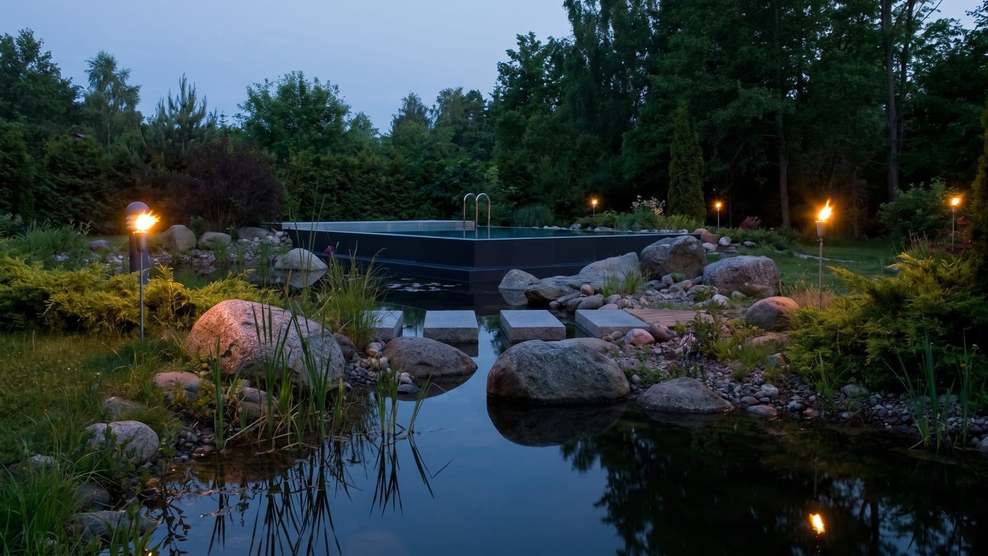 The sauna garden's natural plunge pond at Sole-Therme Otterndorf at dusk, edged with granite boulders and reeds.