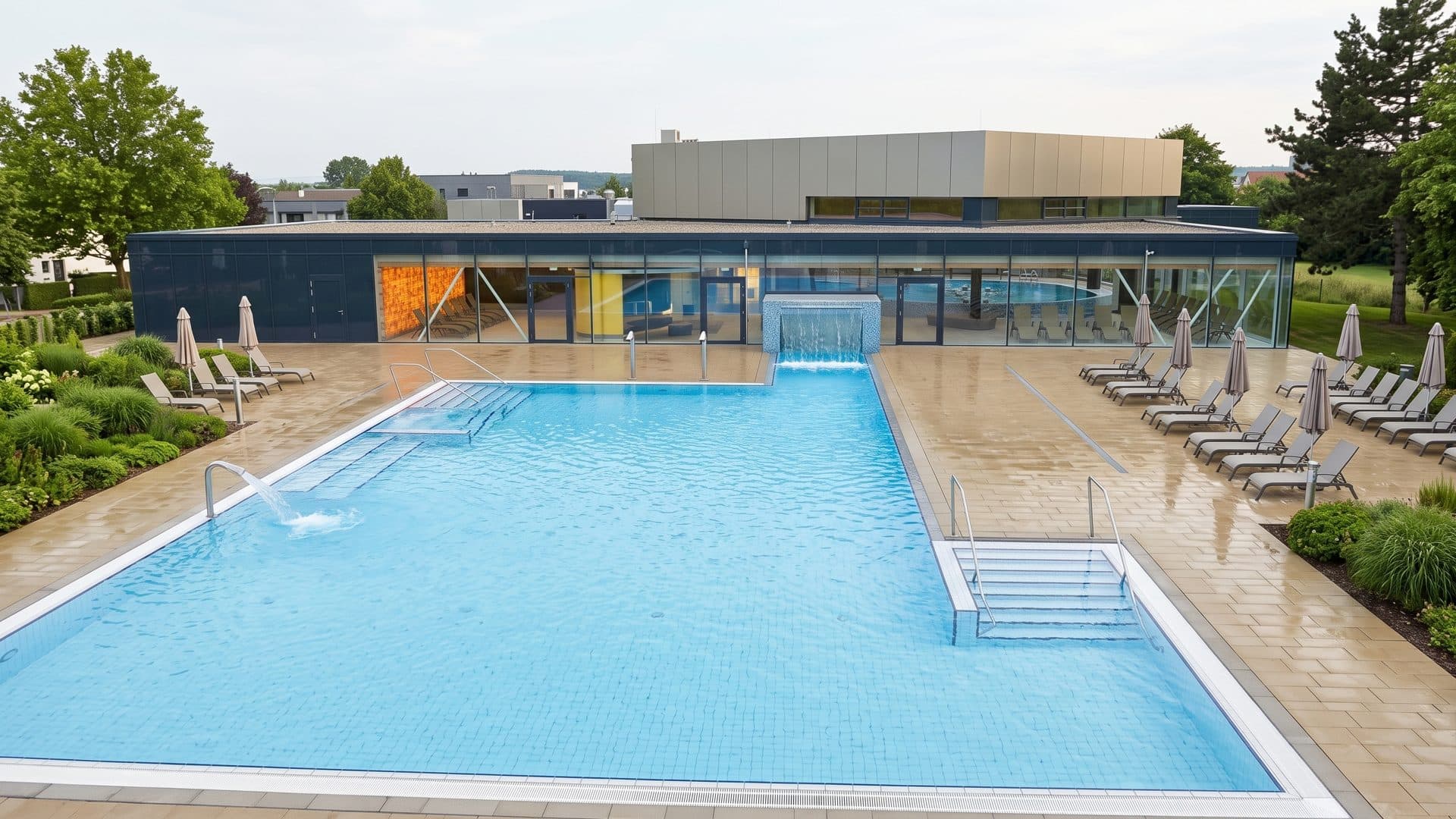 Outdoor brine pool in front of the low building of the baths, loungers set out along the deck.