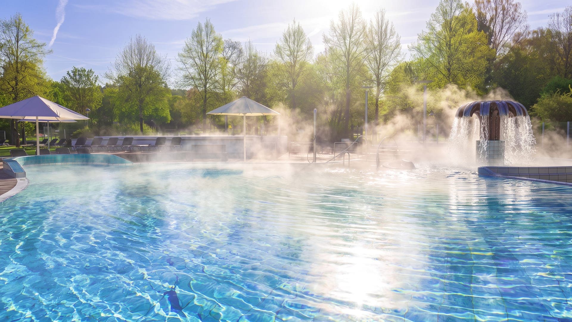 Steaming outdoor pool with a mushroom fountain and parasols in low sun
