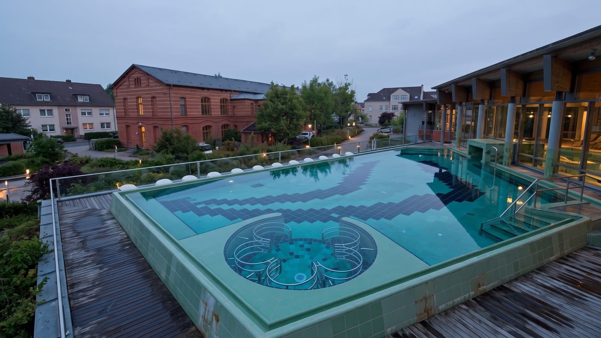 The outdoor brine pool of Solequell in Schonebeck with a mosaic floor, beside a timber-clad gallery