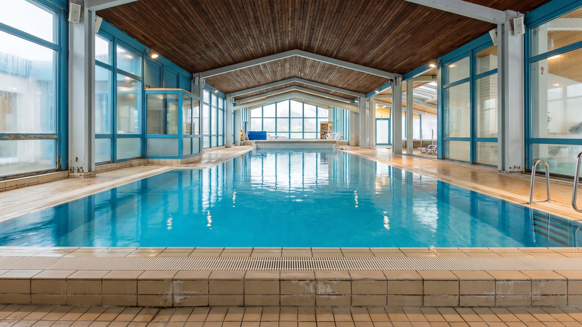 The pool hall of the Sonnentherme under its timber ceiling, the water running away beneath blue-framed windows