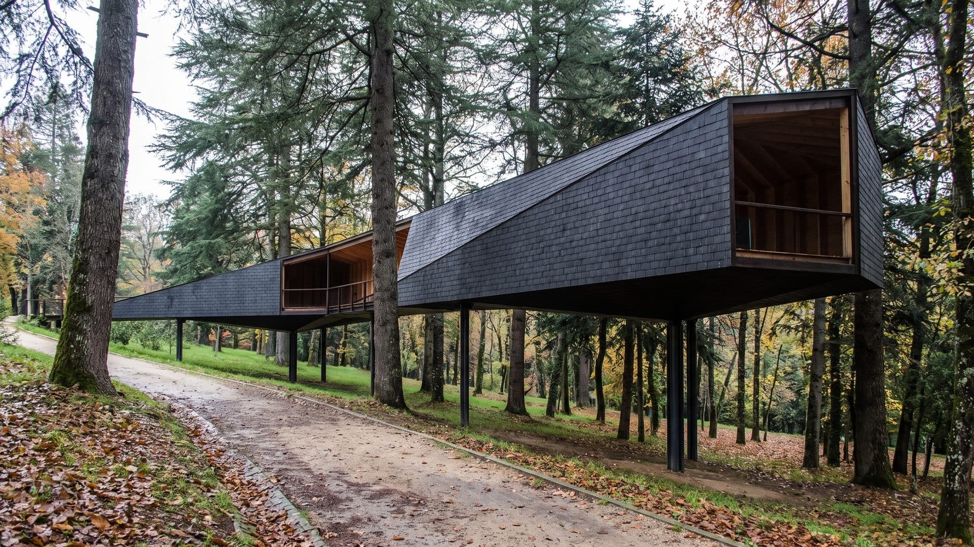 The dark timber spa pavilion of Pedras Salgadas among the tall trees of its park