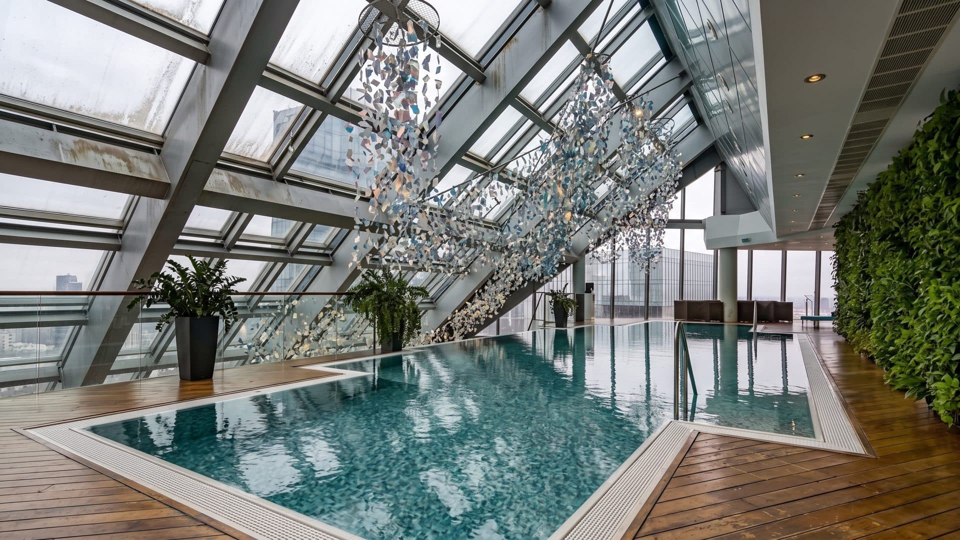 The pool of the NEBO Lounge spa in Mogilev under a sloping glass roof with a green plant wall