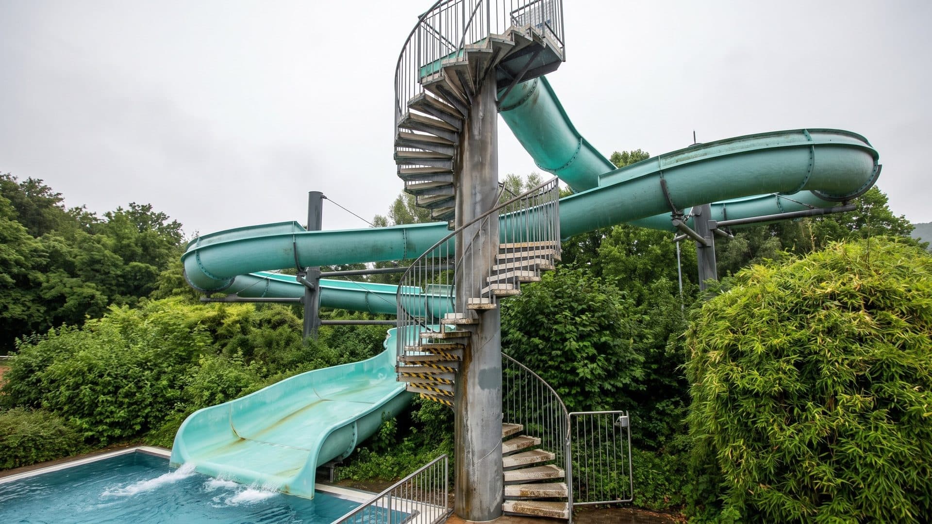 Two green waterslides spiralling from a steel stair tower into a splash pool among trees and shrubs