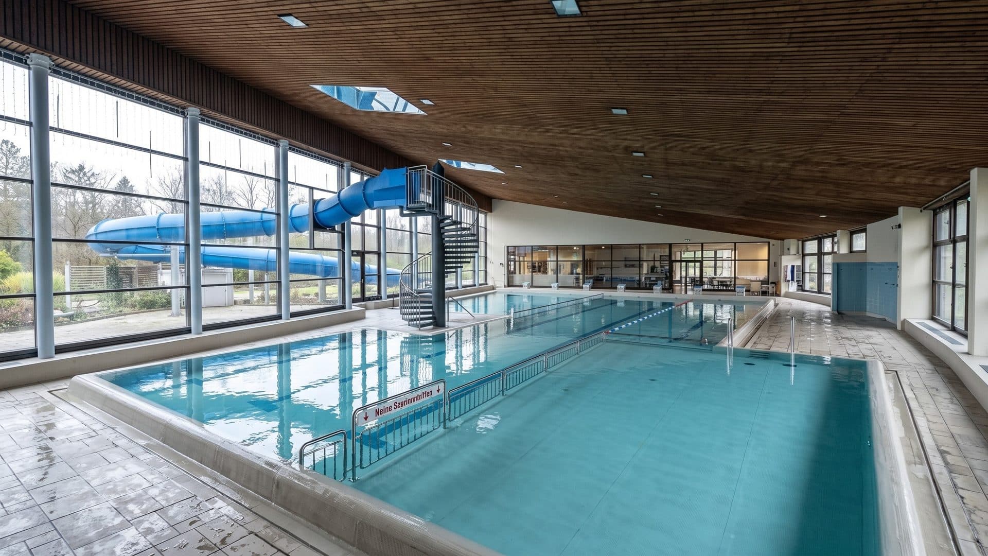 The indoor pool of the BadeINSEL in Tamsweg under a timber ceiling, a blue slide running outside the windows