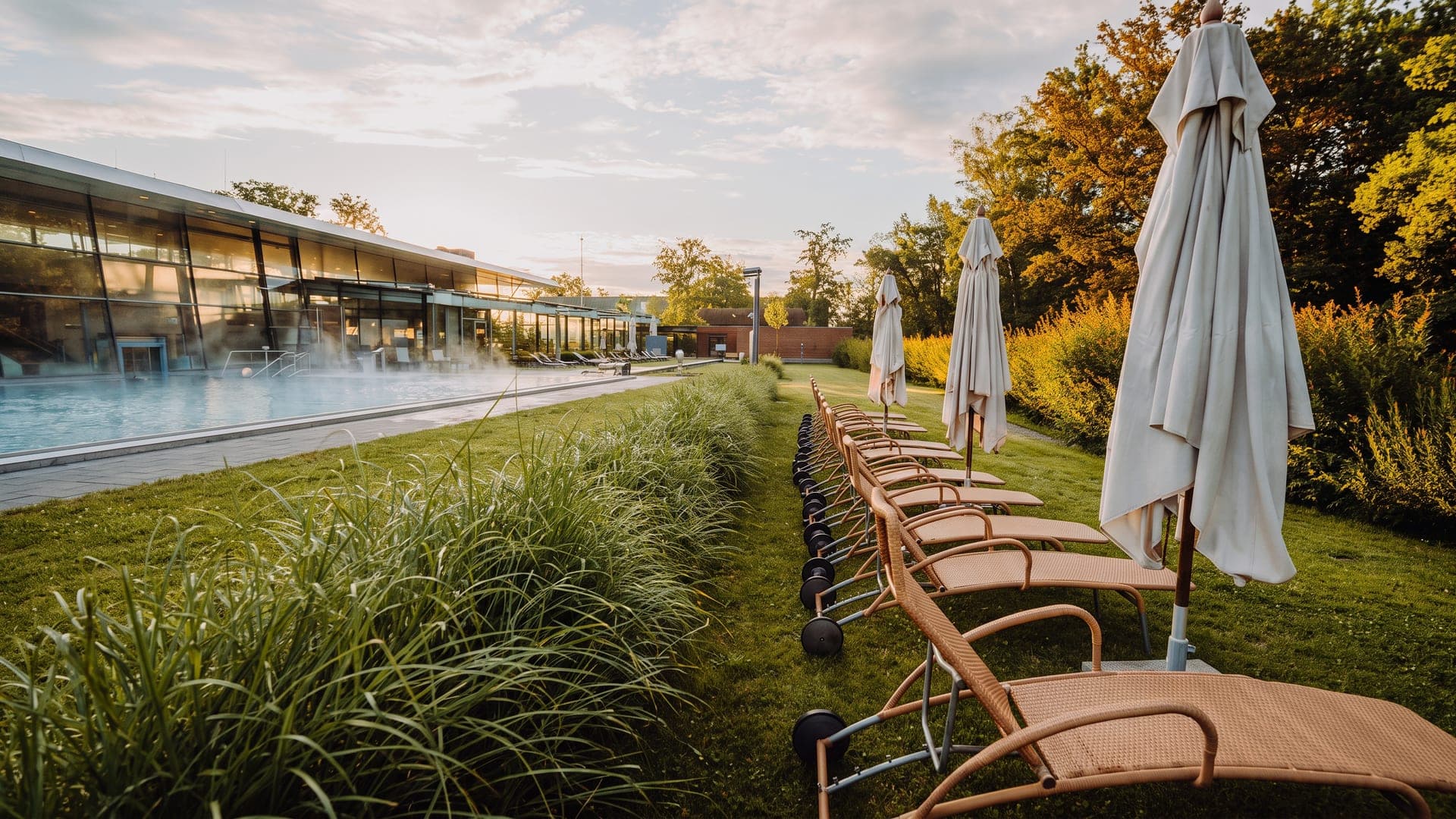 Outdoor pool beside a long glass building, loungers and autumn grasses alongside