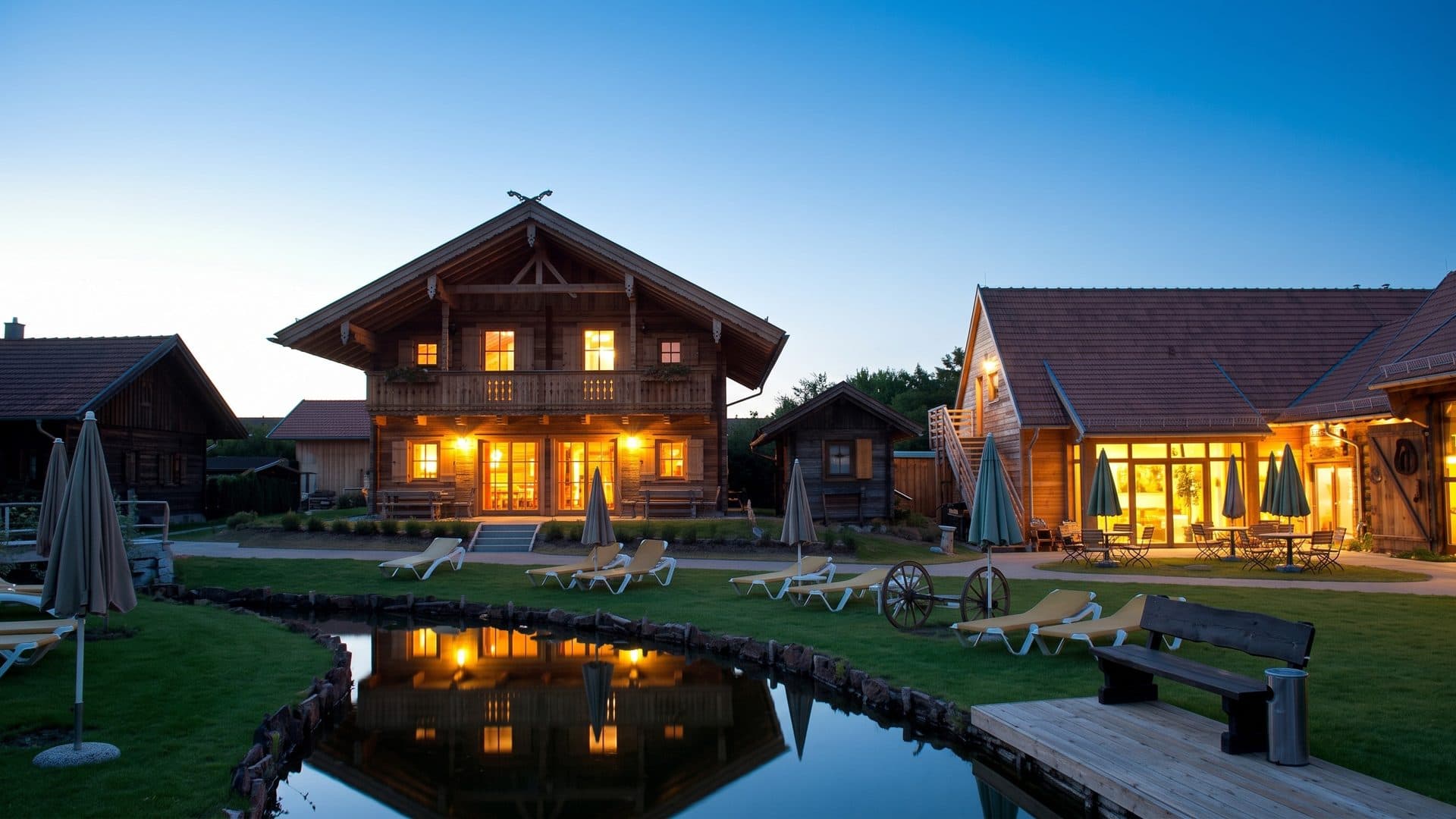 The timber houses of the Spreewelten Bad at dusk, lit windows reflected in the pond before the lawn
