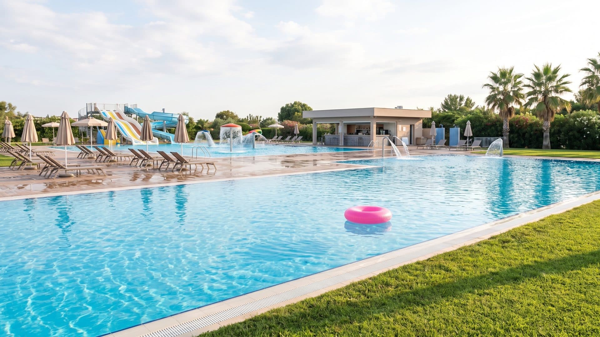 The outdoor thermal pool at Tasnad seen across the lawn, its water clear blue, with loungers, palms and the slide tower along the far side