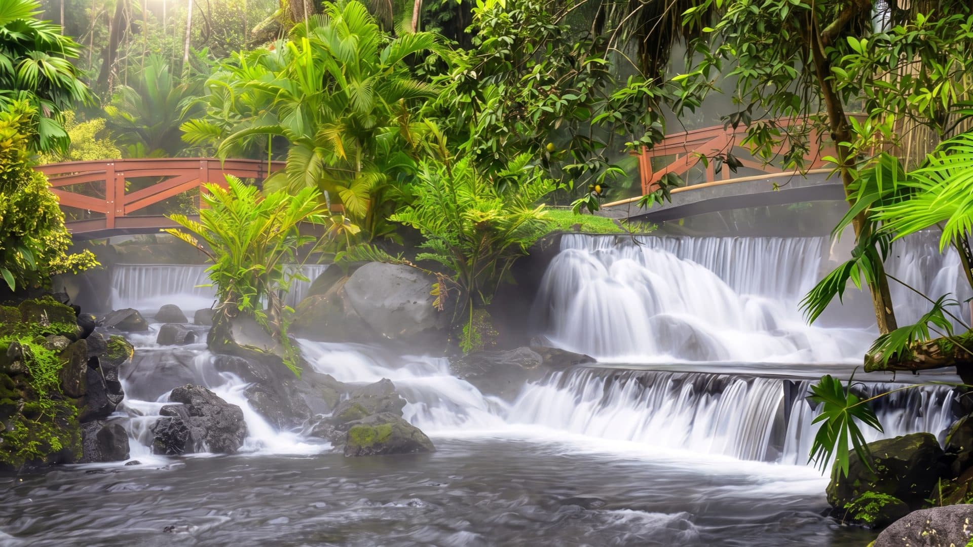 Thermal river tumbling in white cascades through dense rainforest, a red footbridge crossing above the steaming water.