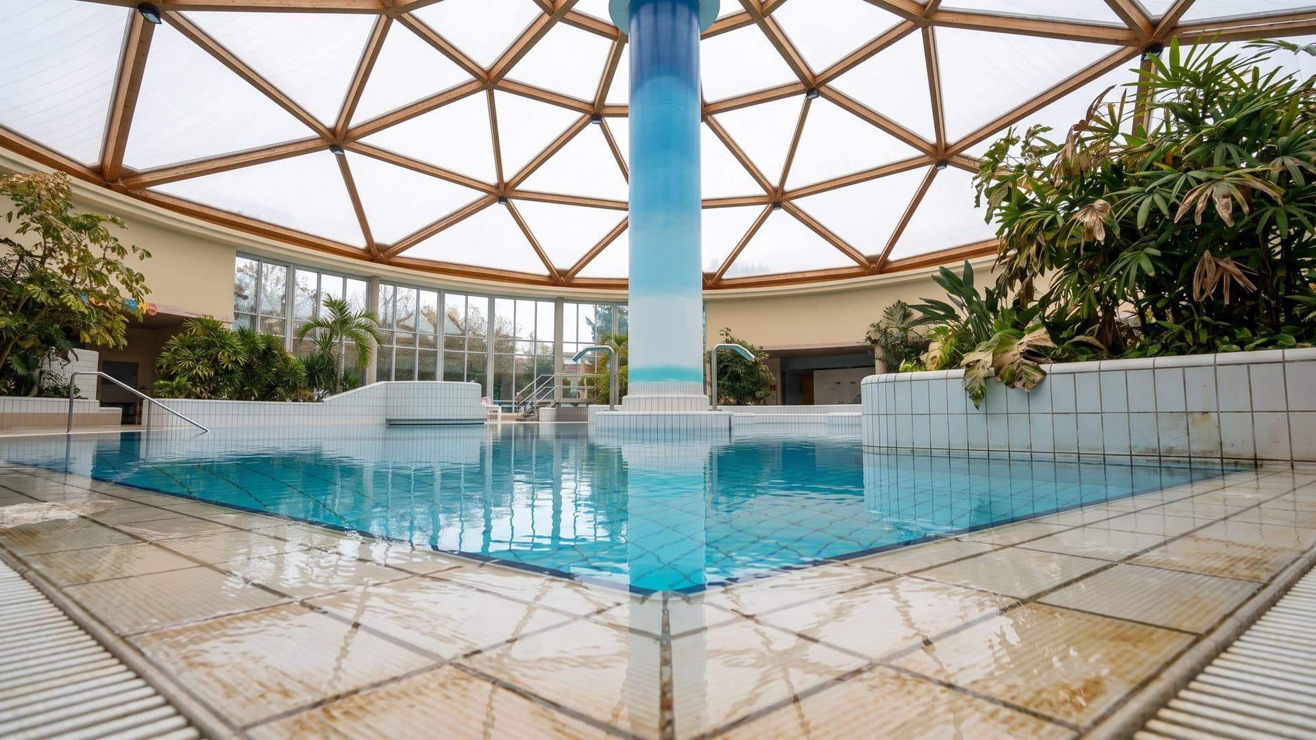 Indoor pool under a geodesic timber-and-glass dome, with a blue-painted central column and planting