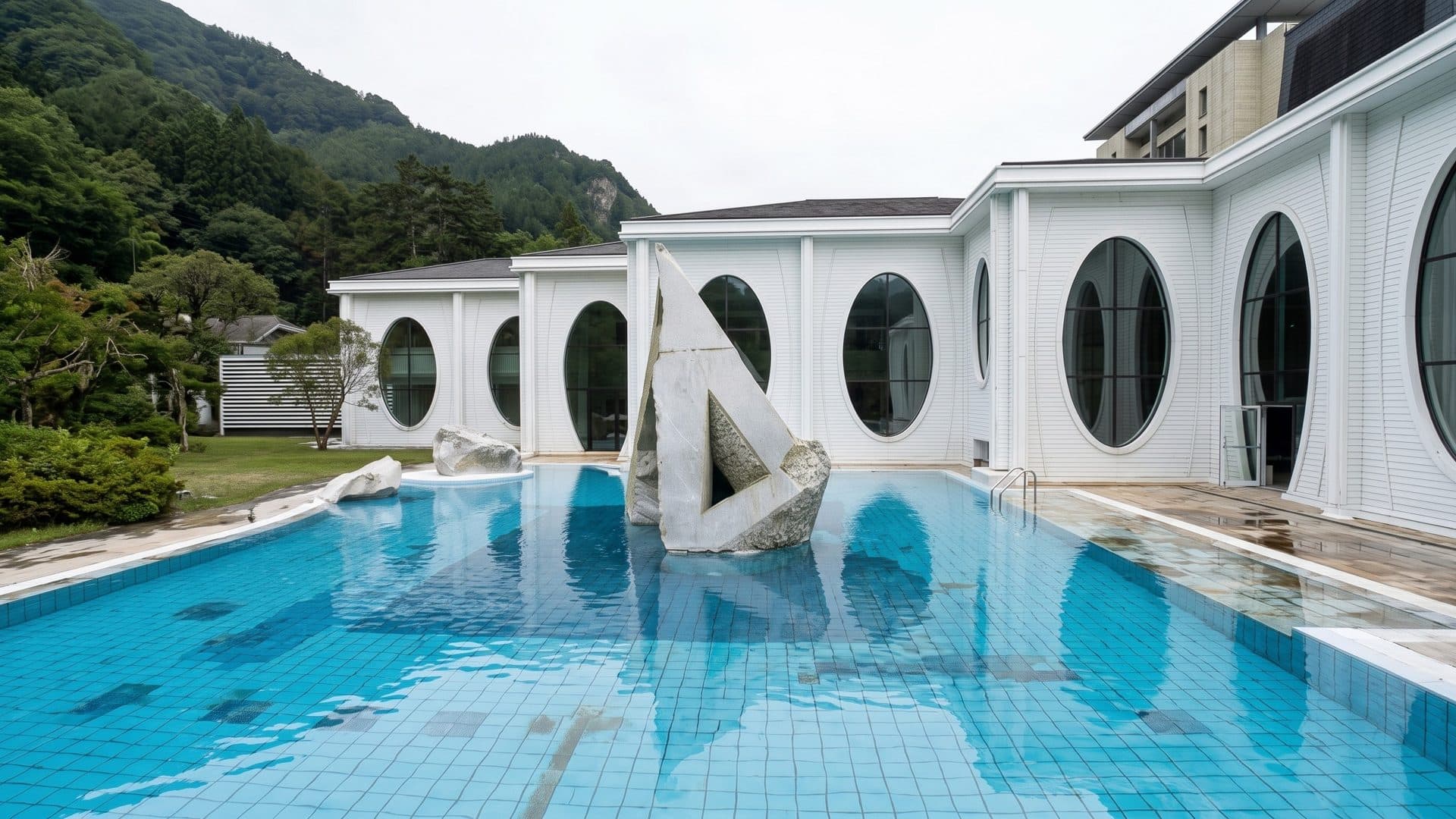 The outdoor pool of the Tamina Therme in Bad Ragaz before the white building with round windows and an angular sculpture