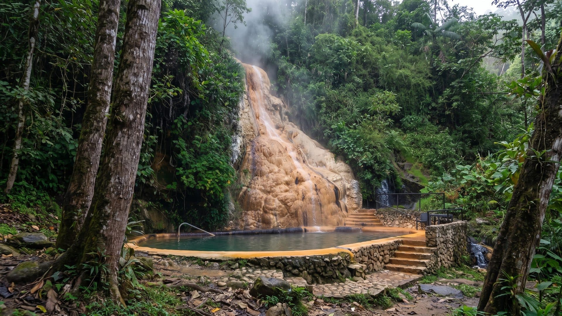 The travertine cascade at Termales Santa Rosa de Cabal seen from downstream, its thermal pool below and cloud forest closing in around it