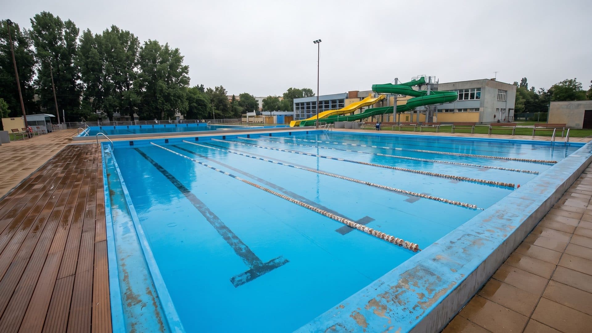 Long outdoor lap pool with timber decking, and green and yellow slides at the far end