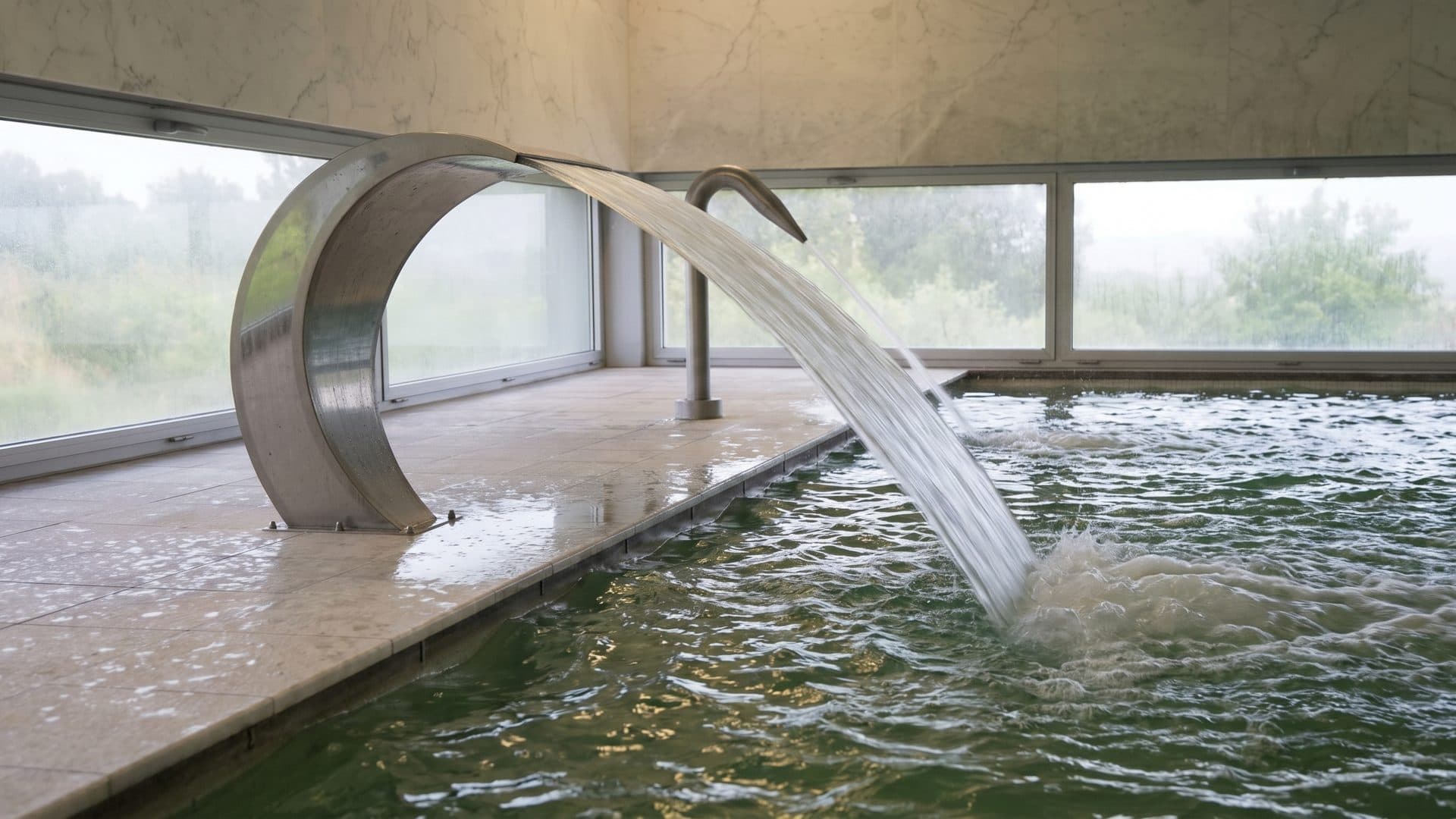 The thermal pool at Termas da Terronha, water pouring from its arched spout