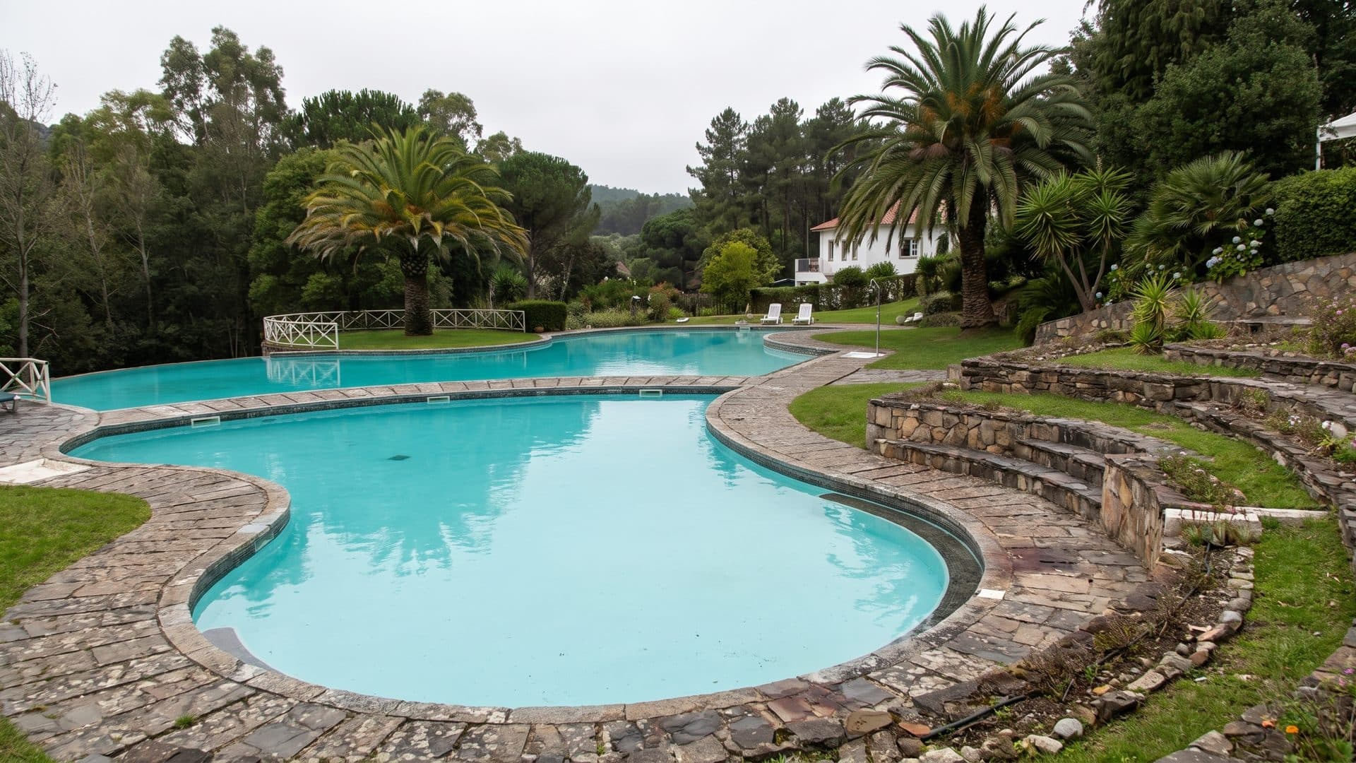 The free-form thermal pools at Termas de Monfortinho in their terraced garden among palms