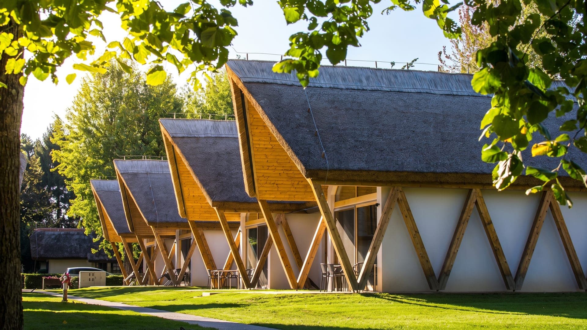 Thatched pavilions on timber frames among the trees