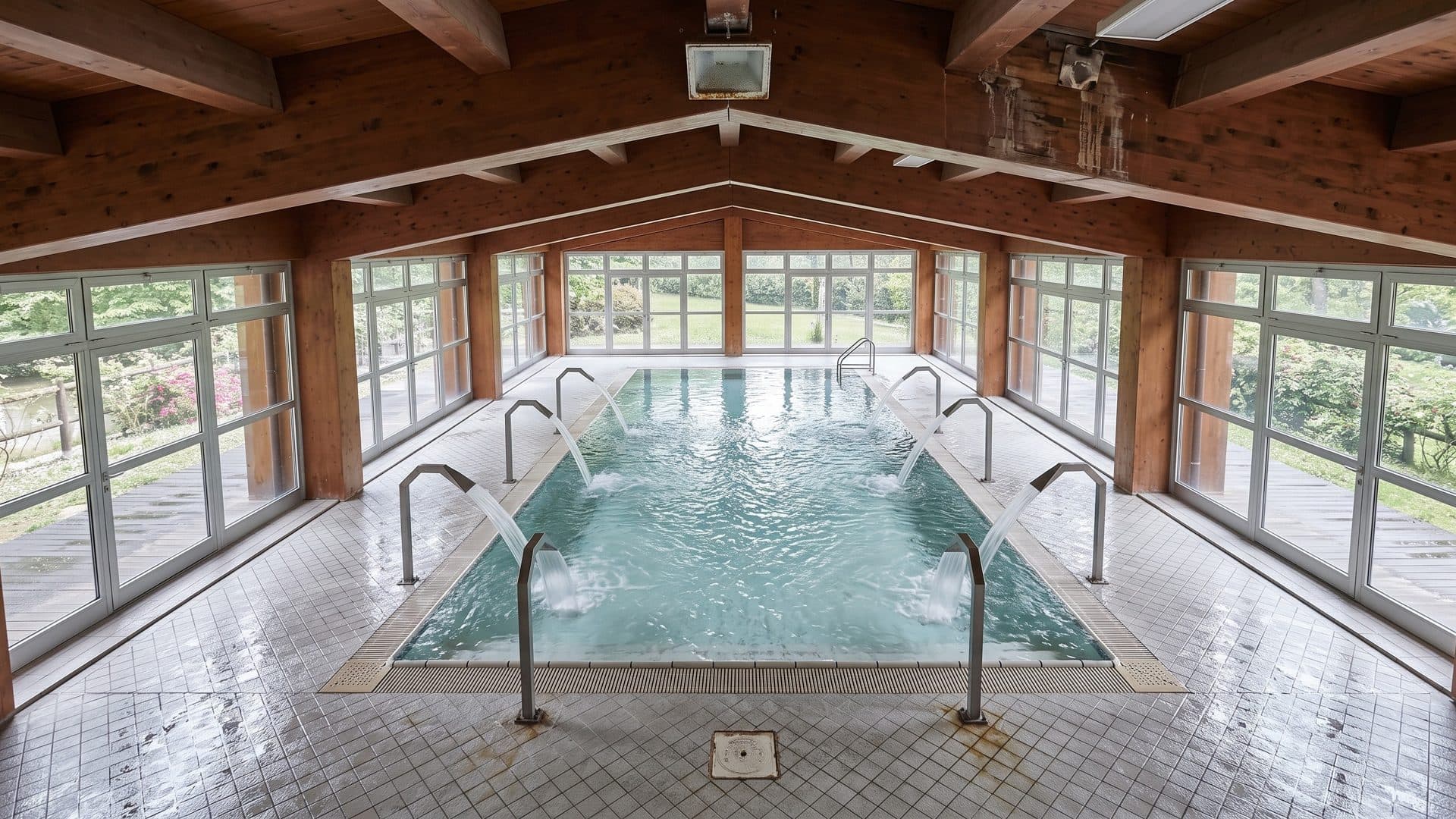 The indoor thermal pool of the Castrocaro spa with steel water jets, under a timber roof with windows onto greenery