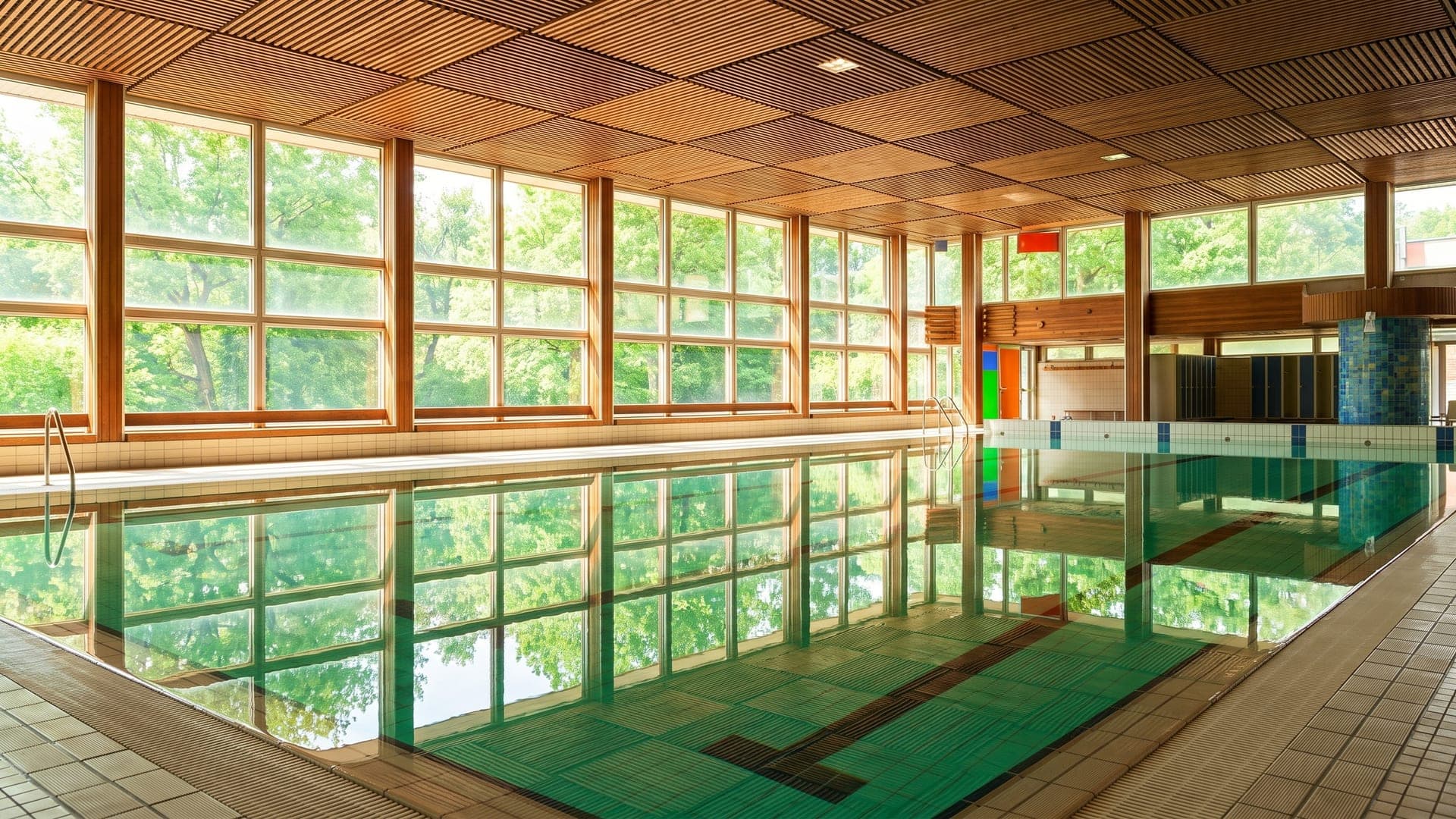 The indoor thermal pool at Terme di Cervia, under a timber ceiling with tall windows onto the pinewood.