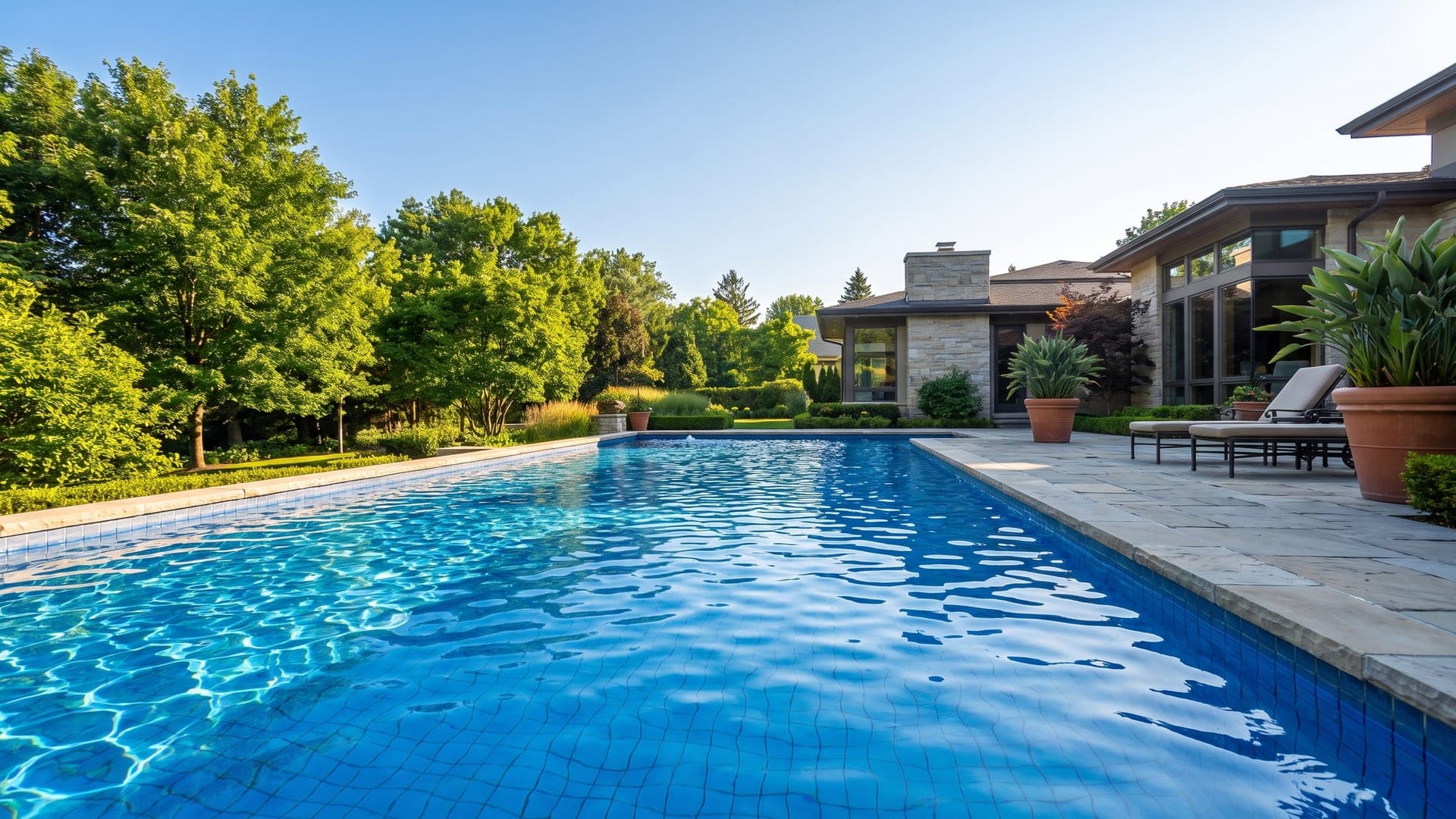 Outdoor pool on a stone terrace beside the low spa building