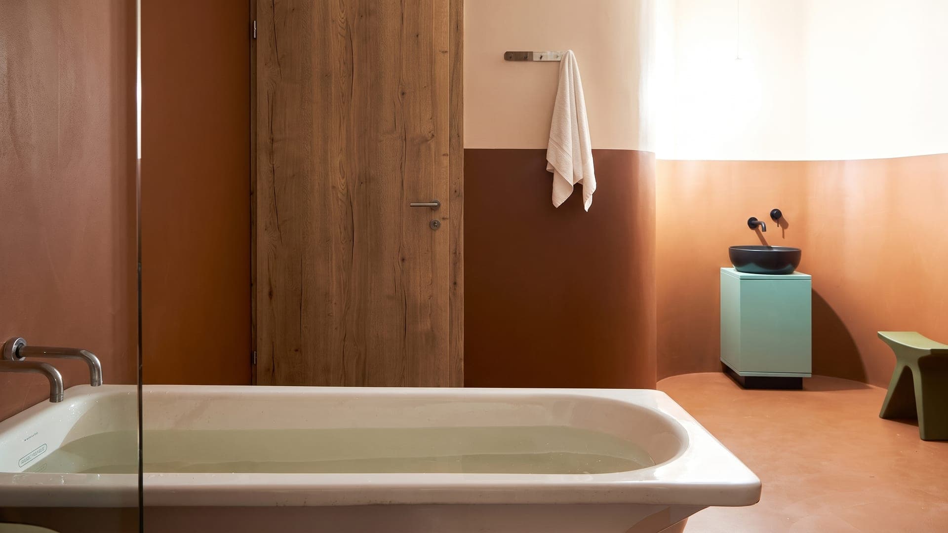 A treatment room at Terme di Vetriolo, with a single bath filled for a soak in the spa's iron-rich water.