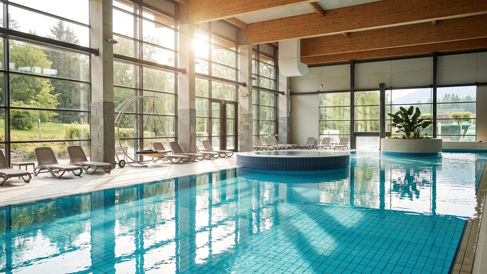 Indoor pool under a timber ceiling, a round whirlpool at the far end