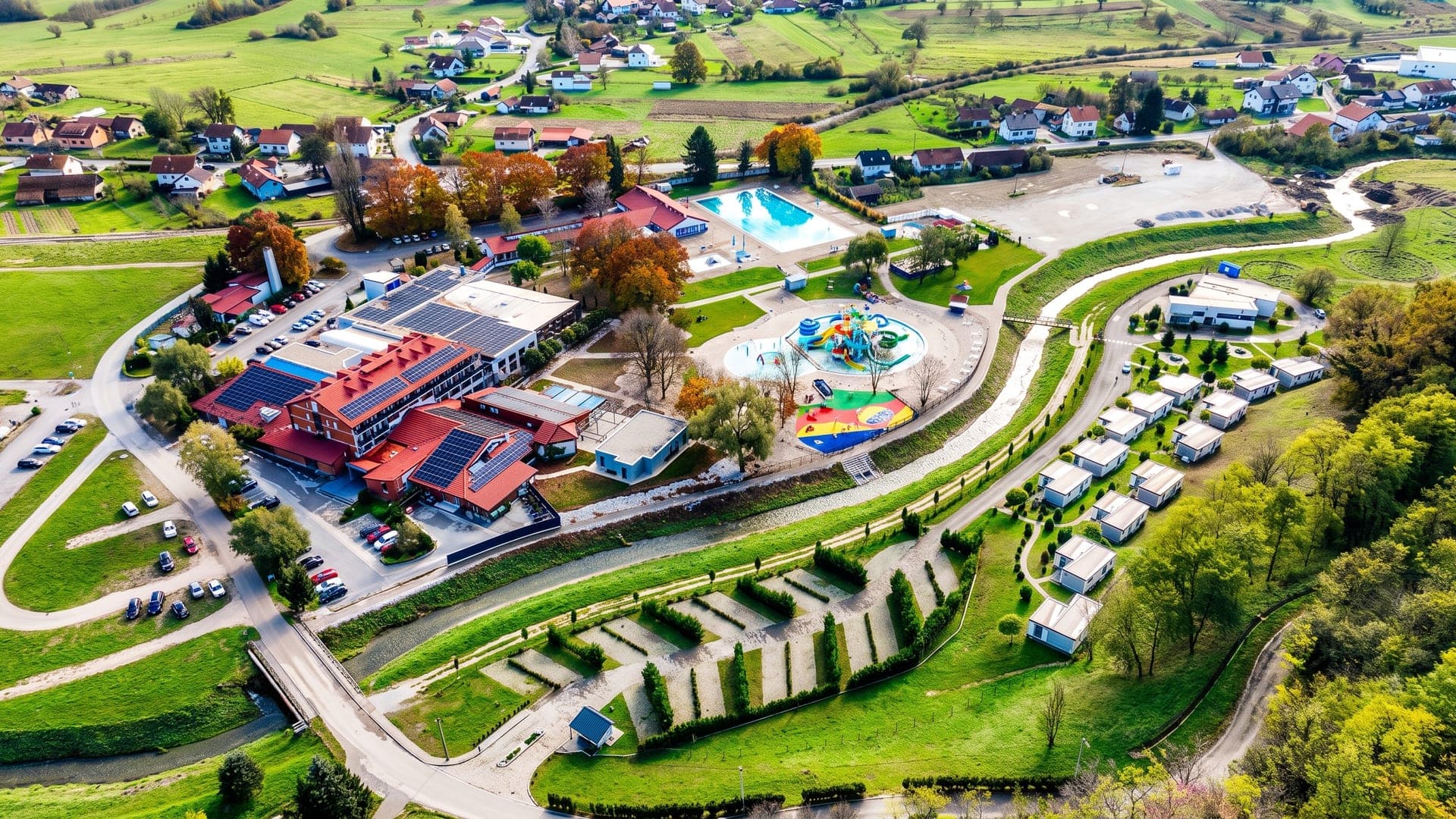 Terme Jezercica seen from the air, its pools, campsite and buildings among the green hills of Croatian Zagorje.
