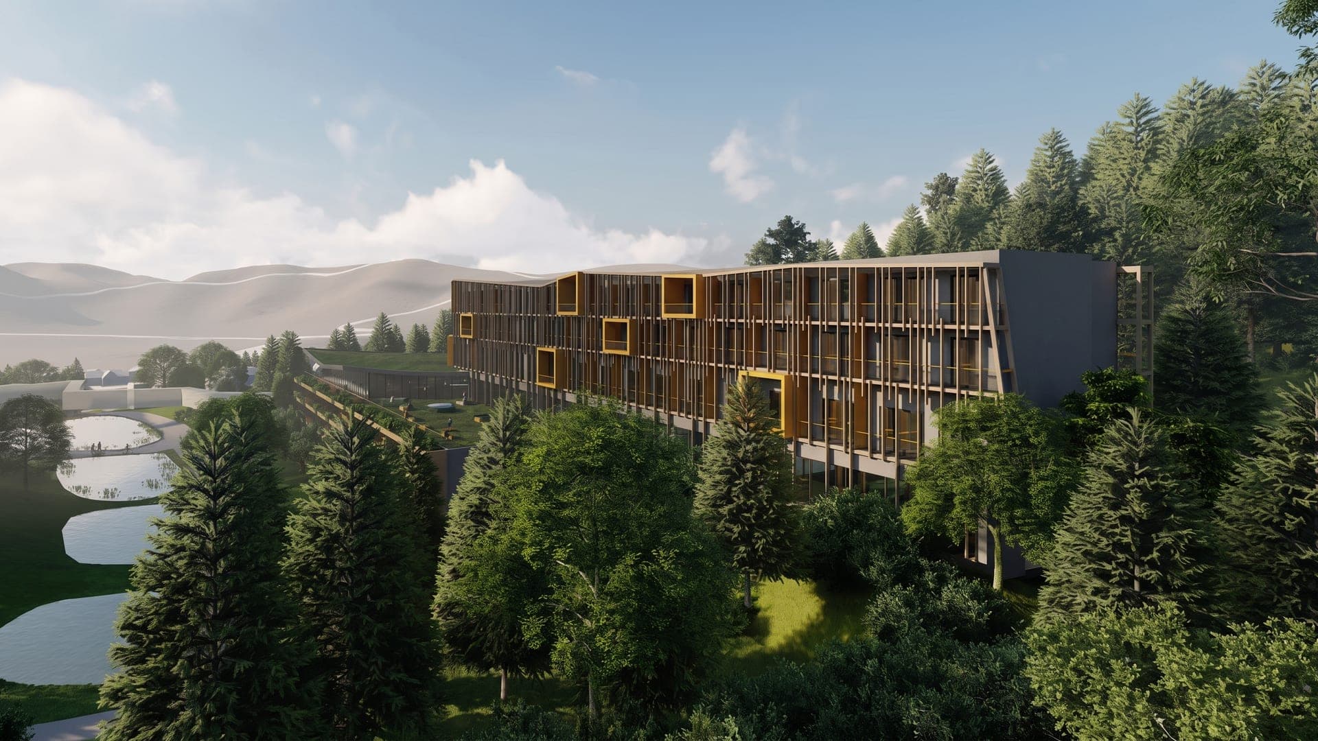 Long timber-clad hotel among conifers above the water
