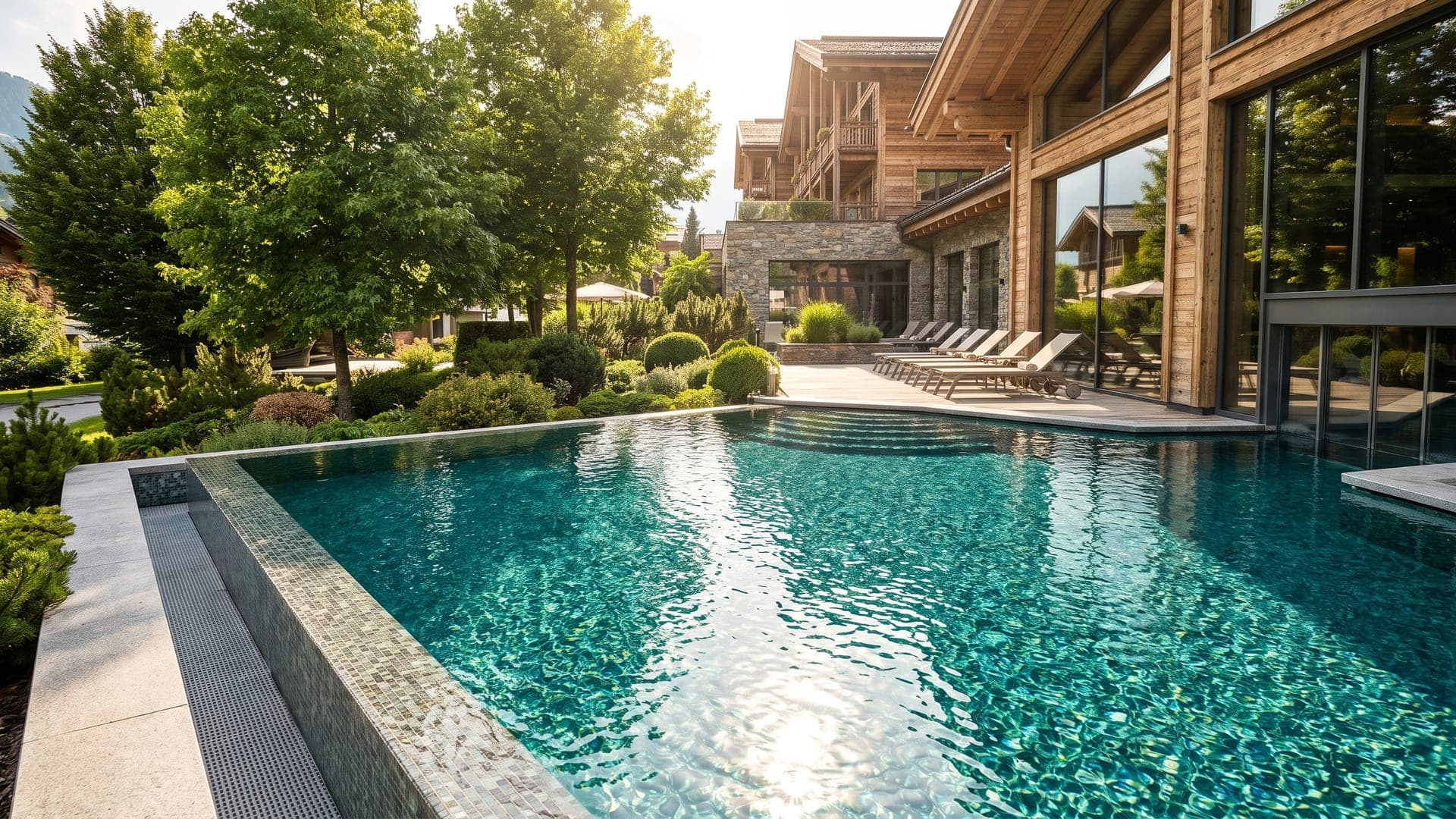 Outdoor pool beside the timber-and-stone building among trees