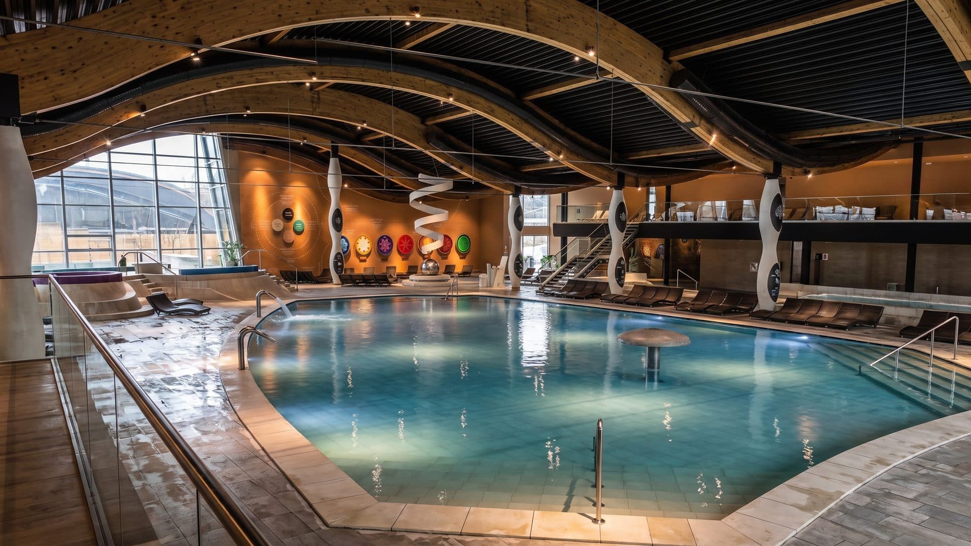 Indoor thermal pool under a wavy timber ceiling, with sculpted white columns along the wall