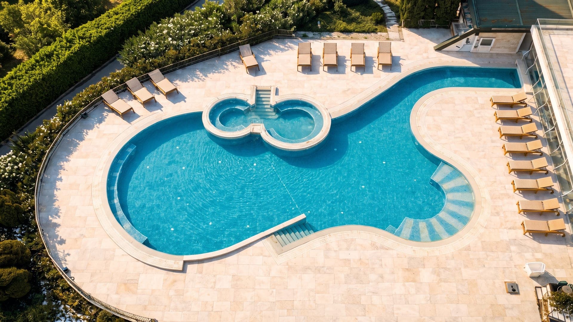 Curved outdoor pools with loungers, seen from above