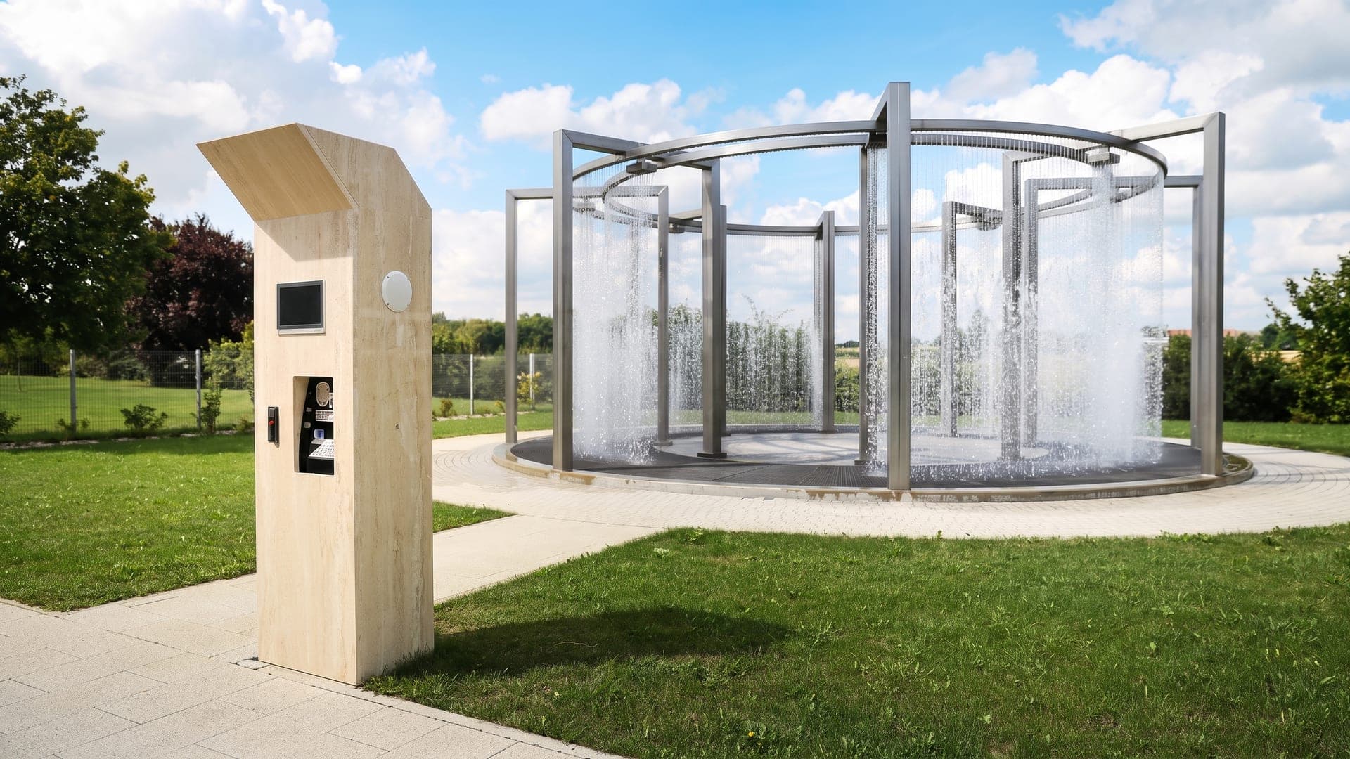 The open-air graduation tower at Terme Vivat in Moravske Toplice, a circular steel frame hung with curtains of falling water.