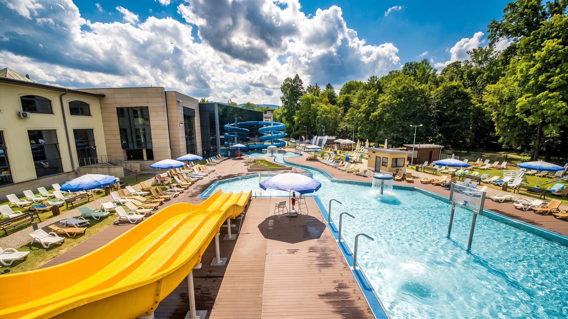 Outdoor pools with a yellow slide and rows of loungers beside the spa building