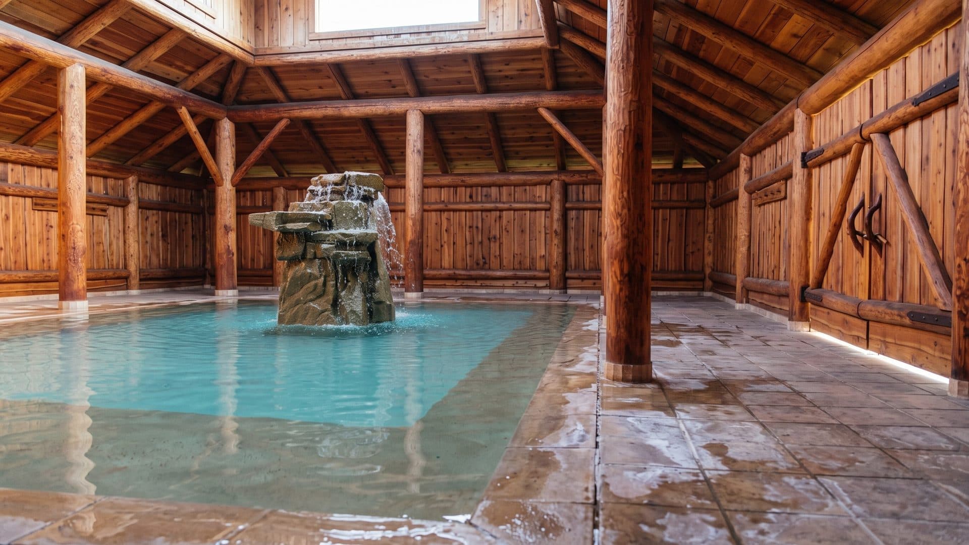 The indoor pool of Termy Goracy Potok in a timber hall with a rock waterfall in the middle