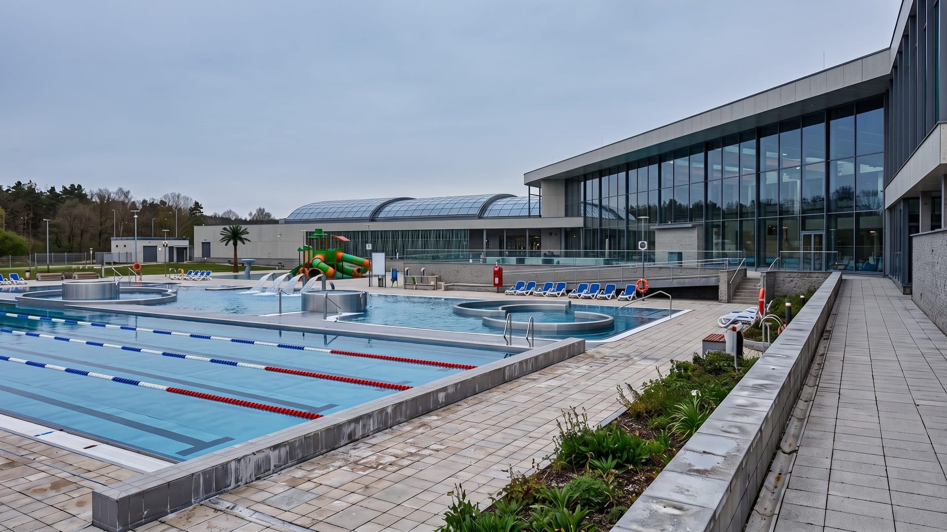 Outdoor lane pool and leisure pools of Termy Poddebice beside the glass-fronted bath hall