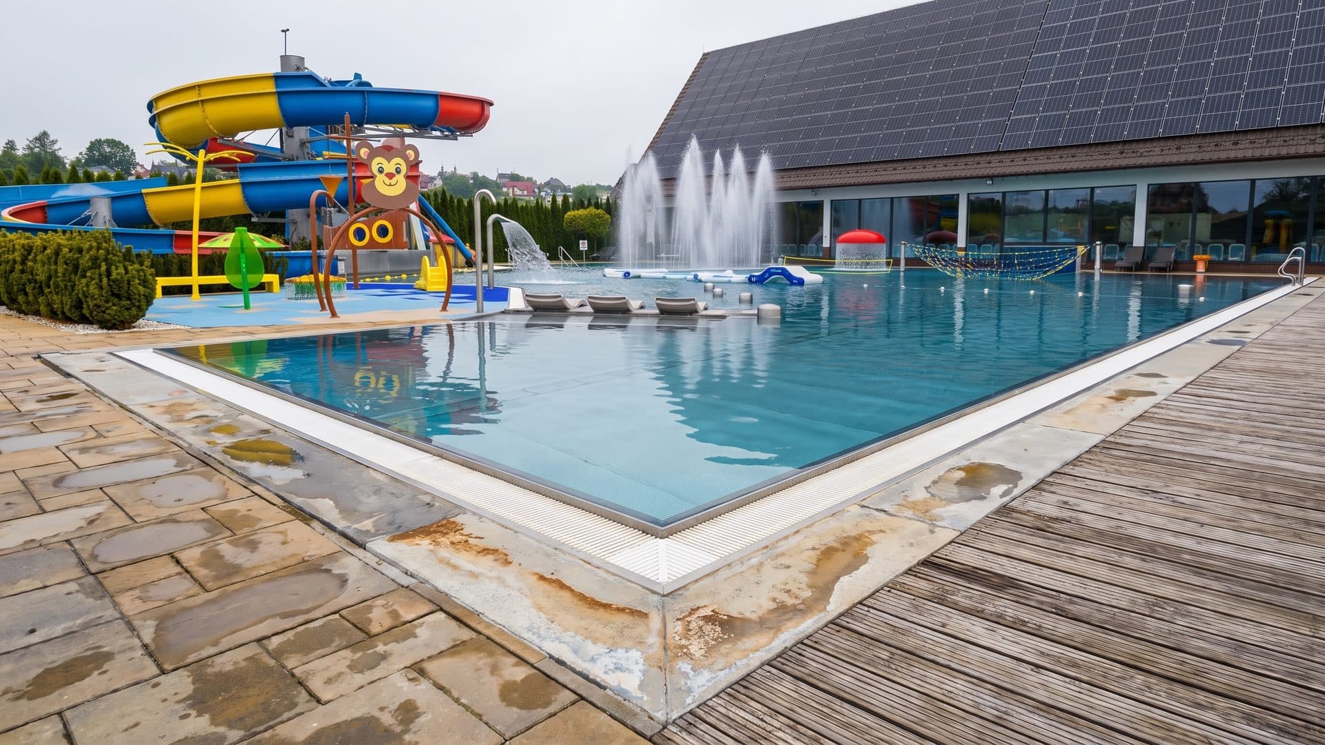 The outdoor pool at Szaflary with fountains playing and a children's slide tower beside it, the solar-panelled hall behind
