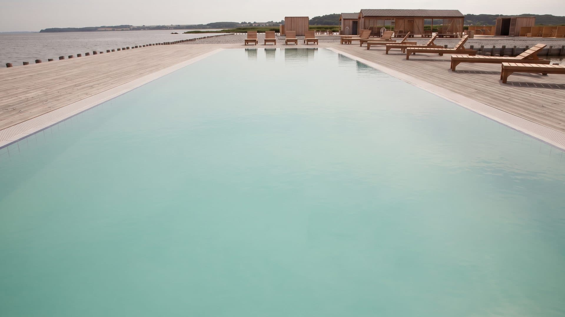 The pool of Thalasso Lepa Vida seen low across the water with the sea beyond