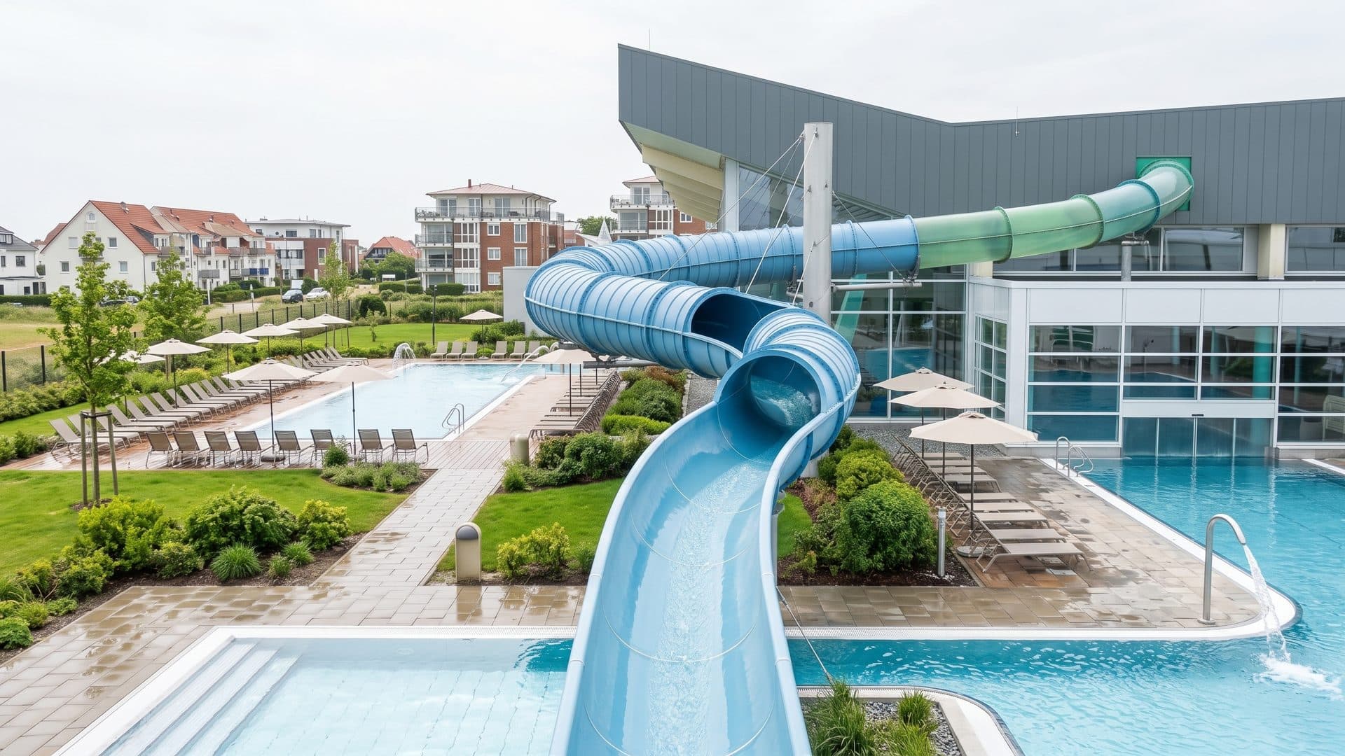 Blue tube slide coiling outside the glass hall, with the outdoor pool and terrace below.