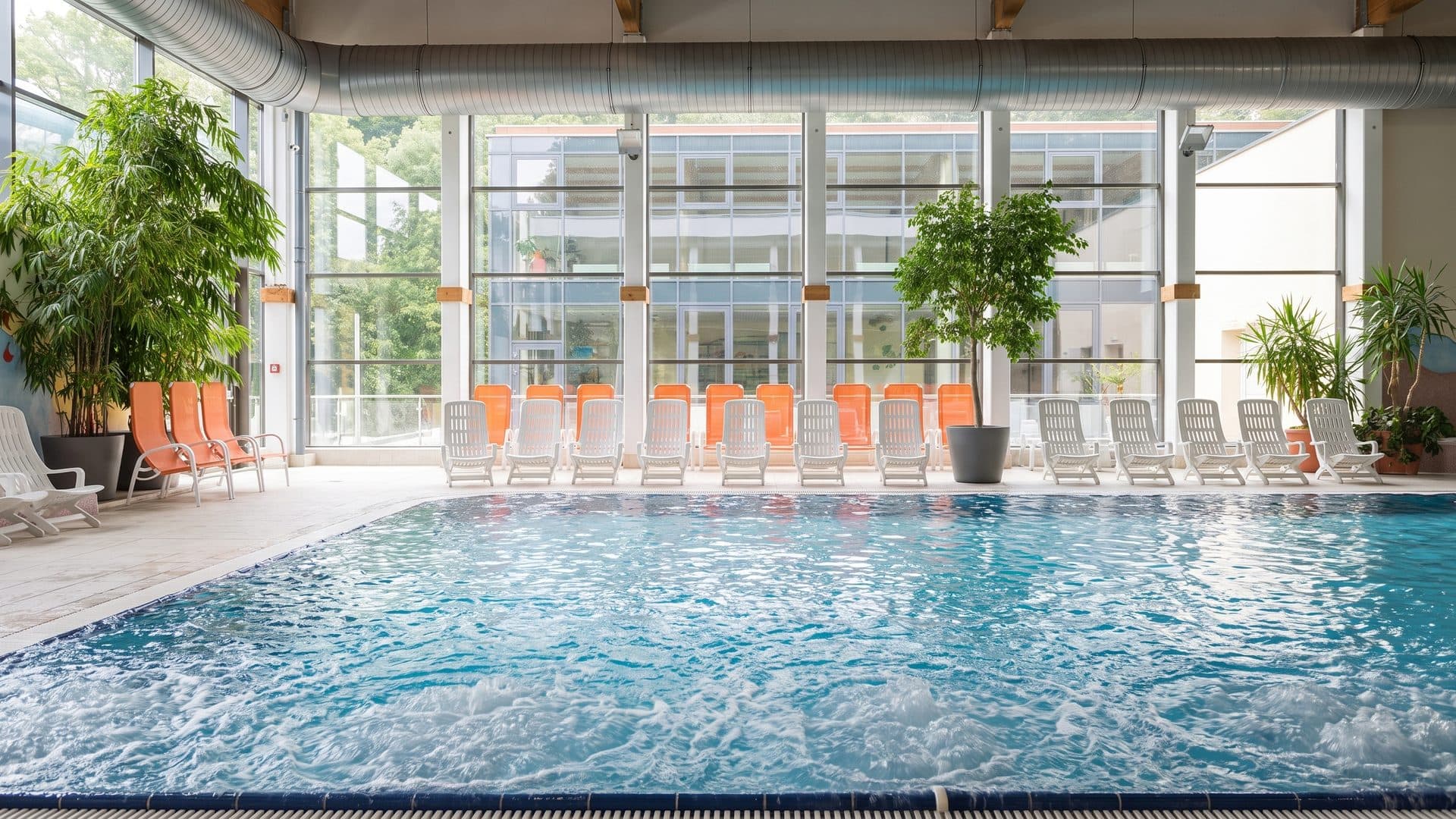 The outdoor pool of the Thayatal Vitalbad in front of the glazed bath building