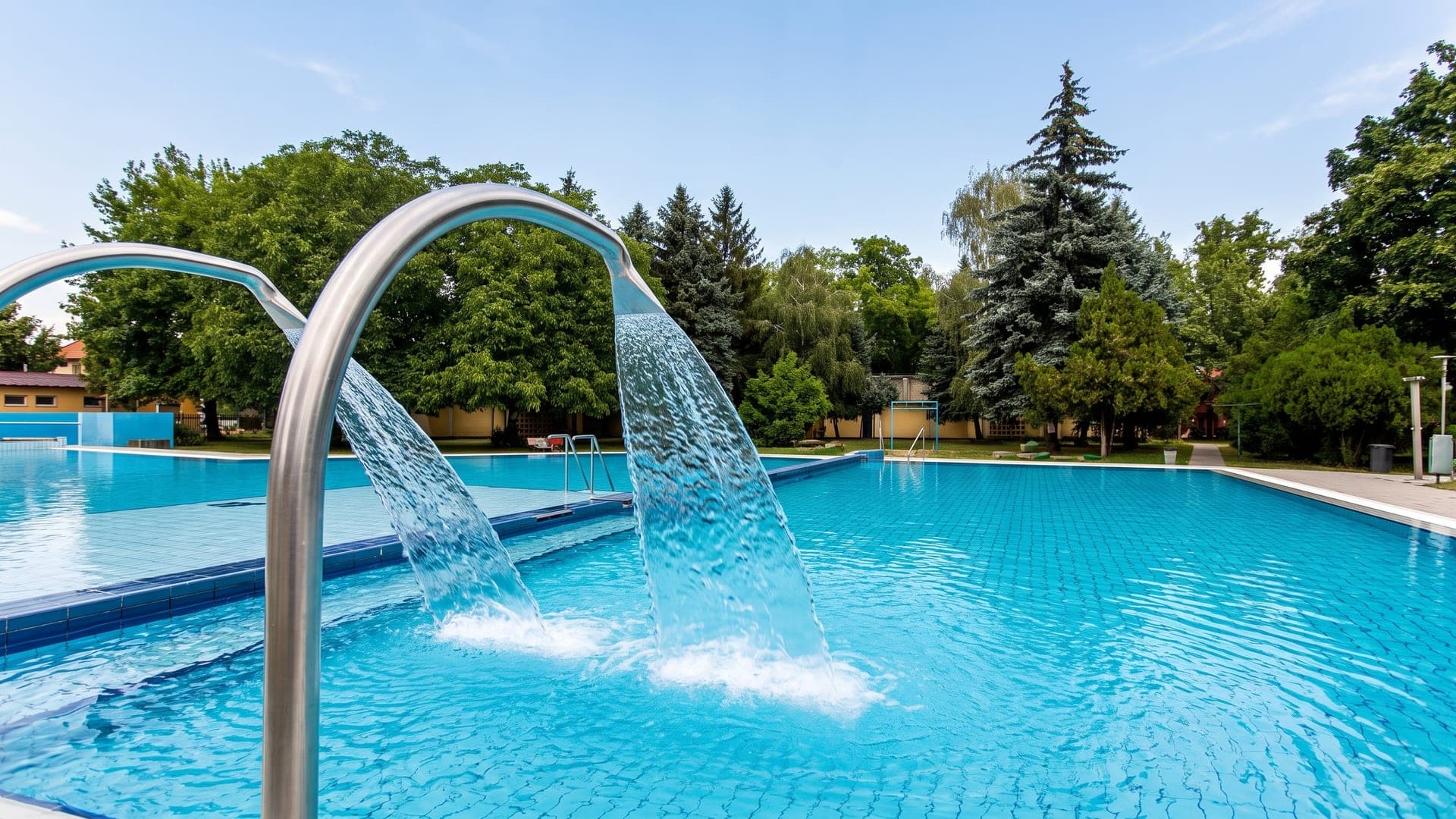 The outdoor pool at the thermal bath in Tiszafured, with two arched water jets falling into it.