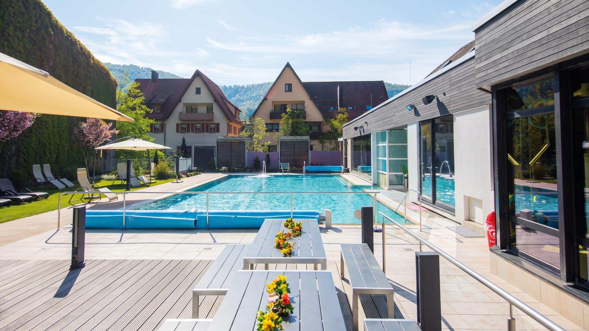 The outdoor pool at the thermal bath in Bad Ueberkingen, with half-timbered houses and the wooded Swabian Alb behind.